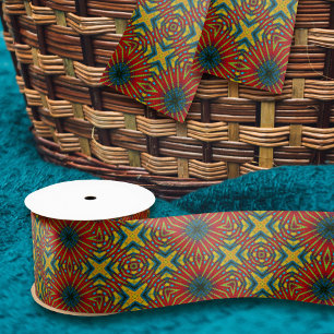 Geometrisches Rot Blau & Gelb Vintage Stammes Ethn Satinband
