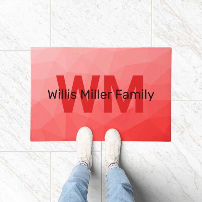 Geometrisches rotes Gradientenmuster Monogramm Fußmatte (Indoor)