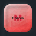 Geometrisches rotes Gradientenmuster Monogramm Pappteller<br><div class="desc">Monogram Personalize mit Ihrem benutzerdefinierten Initial und Namen. geometrisches Gefälle mit rotem Gefälle. Dreieck geometrische Masche mit dunkelroten Ober-Farbverlauf,  Muster,  Ober,  Masche,  Dreiecke,  Geometrie,  Gefälle,  cool,  Dreieck,  hell,  rot</div>