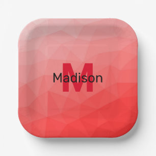 Geometrisches rotes Gradientenmuster Monogramm Pappteller