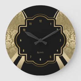 Geometrisches Schwarz-Gold-Damaske-Design Große Wanduhr