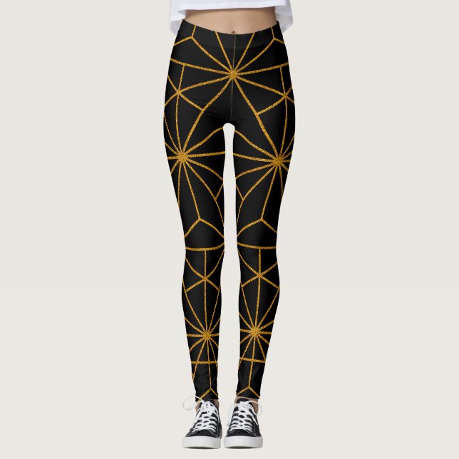 Geometrisches Schwarz-Gold-Deko-Muster Leggings (Vorderseite)