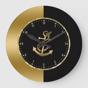 Geometrisches Schwarz-Gold-Design mit Ankerschiff Große Wanduhr
