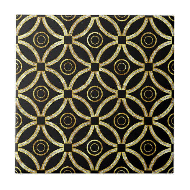 Geometrisches Schwarz-Gold-Glitzer-Muster Fliese (Vorderseite)