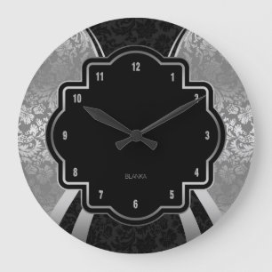 Geometrisches Schwarz-Silber-Damasdesign Große Wanduhr