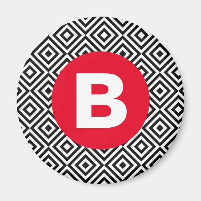 Geometrisches Schwarz-Weiß-Muster rotes Monogramm Magnet (Vorne)