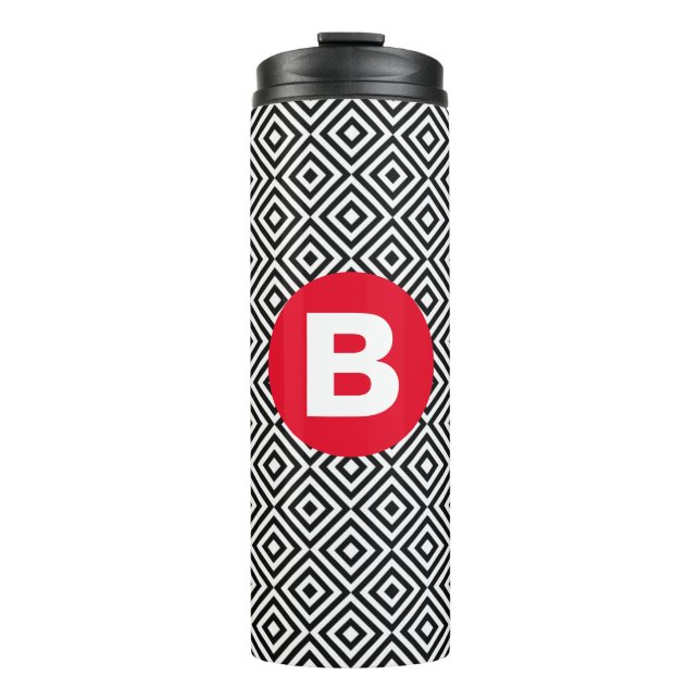 Geometrisches Schwarz-Weiß-Muster rotes Monogramm Thermosbecher (Vorderseite)