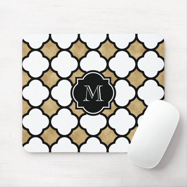 Geometrisches Schwarz-weißes Quatrefolienmonogramm Mousepad (Mit Mouse)
