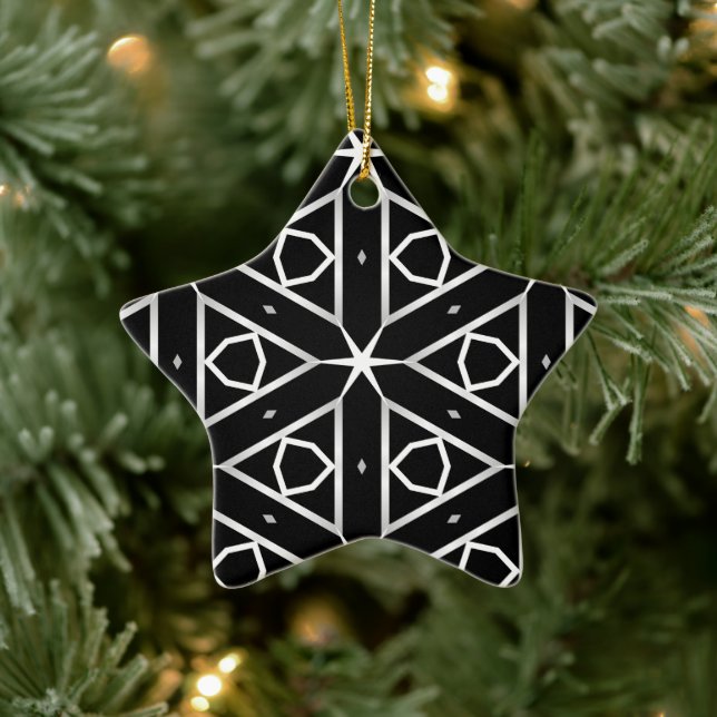 Geometrisches Schwarz-weißes und Silver Geometrism Keramik Ornament (Baum)