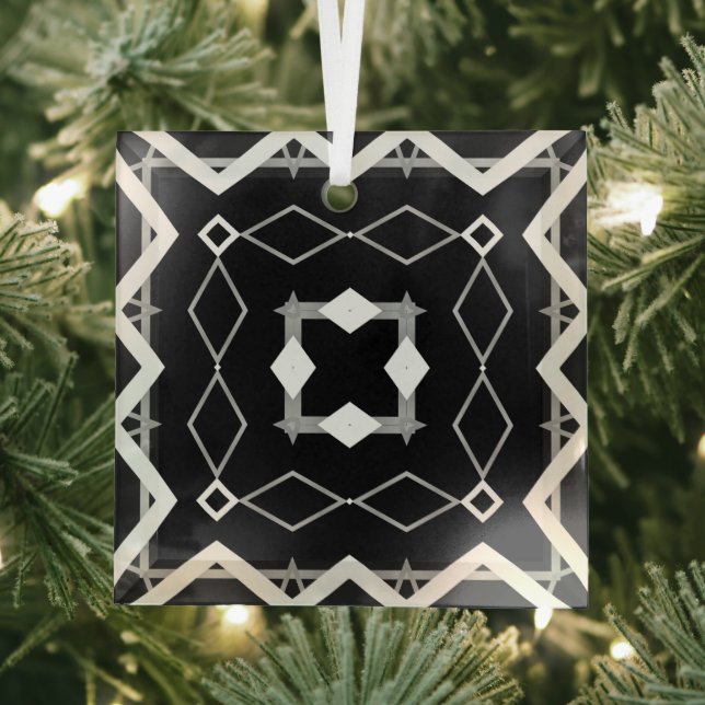 Geometrisches Schwarz-weißes und Silver Geometrism Ornament Aus Glas (Insitu)
