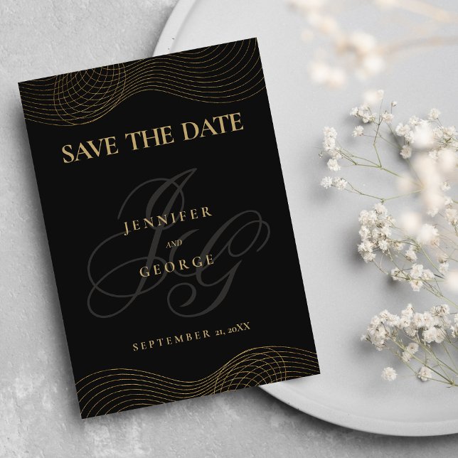 Geometrisches Schwarzgold-Monogramm Save the Date (Geometric black gold monogram Save The Date)