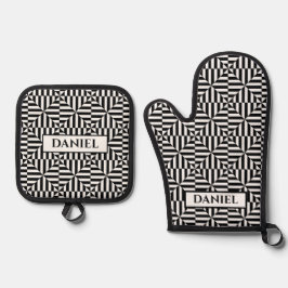 Geometrisches Schwarzweißmuster mit individuelle N Ofenhandschuh & Topflappen-Set