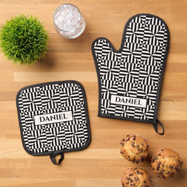 Geometrisches Schwarzweißmuster mit individuelle N Ofenhandschuh & Topflappen-Set (Oben Unten)