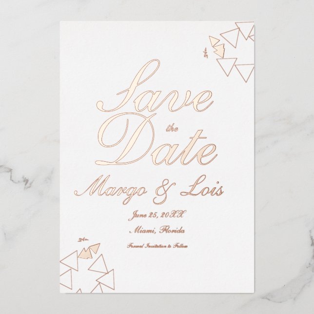 Geometrisches Skript Save the Date gedrückt Folieneinladung (Vorderseite)