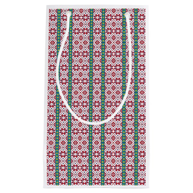 Geometrisches Stammmuster rot, blau und weiß mit S Kleine Geschenktüte (Vorderseite)