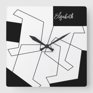 Geometrisches Trendiges Schwarz-Weiß-Monogramm Quadratische Wanduhr