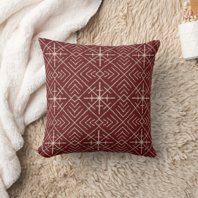 Geometrisches Tribal Mud Tuch Muster Cream Burgund Kissen (Decke)