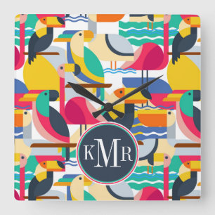 Geometrisches tropisches Monogramm der Vogel-  Quadratische Wanduhr