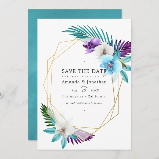 Geometrisches tropisches Orchideenhochzeitungs-Fot Save The Date (Vorne/Hinten)