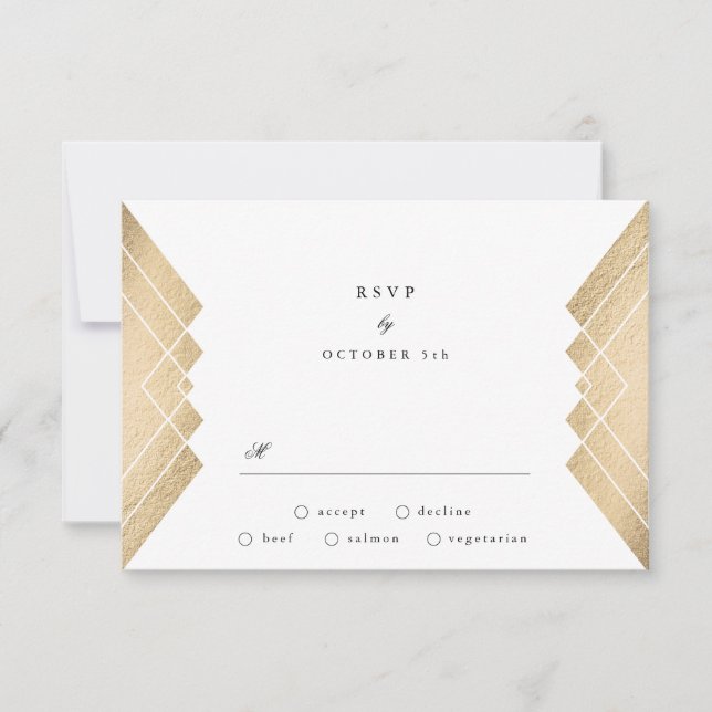 Geometrisches Vintag Graugoldgatsby Wedding RSVP Karte (Vorderseite)