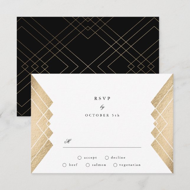 Geometrisches Vintages Black Gatsby Wedding RSVP (Vorne/Hinten)