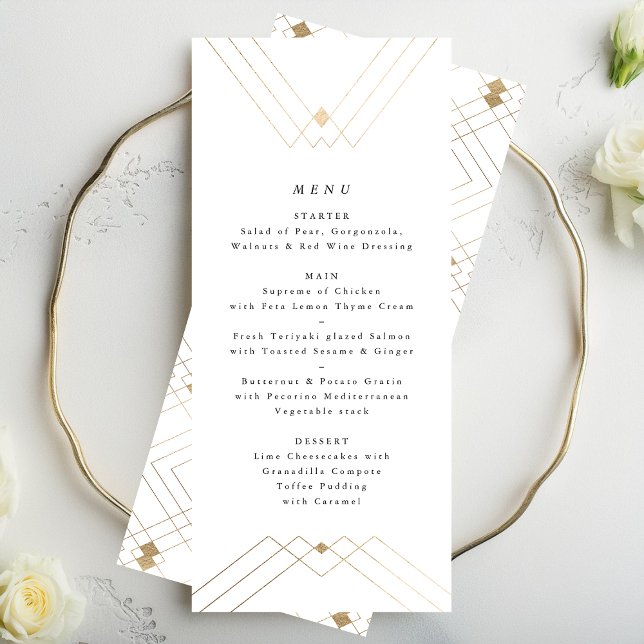 Geometrisches White Gold Gatsby Tal 2 Wedding Menu Menükarte (Von Creator hochgeladen)