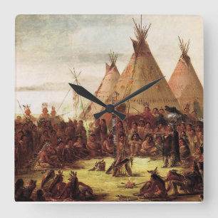George Catlin Circa 1850, Sioux War Council Quadratische Wanduhr