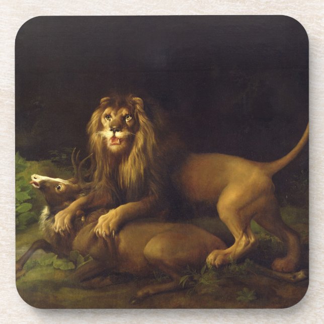 George Stubbs | ein Löwe, der einen Hirsch, c.1765 Untersetzer (Vorderseite)
