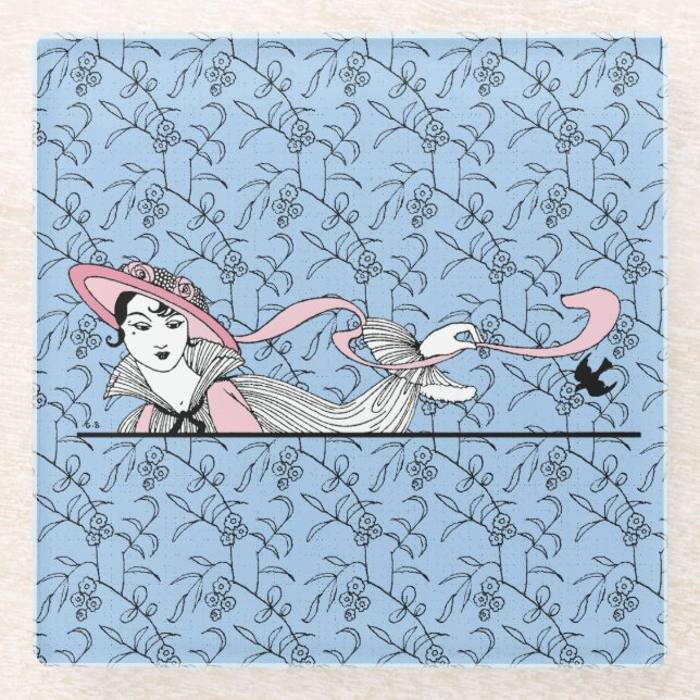 Georges Barbier 1920er Fashion Lady and Bird Glasuntersetzer (Vorderseite)