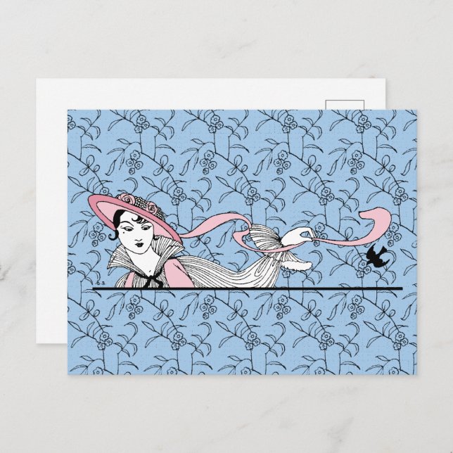 Georges Barbier 1920er Fashion Lady and Bird Postkarte (Vorne/Hinten)