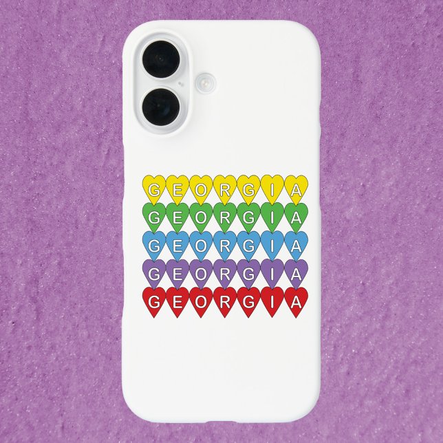 Georgia Bunte Herzen Case-Mate iPhone Hülle (A phone case that says Georgia in yellow, green, blue, purple and red hearts.)