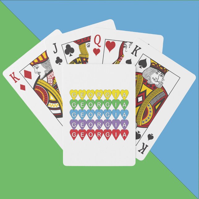 Georgia Bunte Herzen Spielkarten (A deck of playing cards that say Georgia inside yellow, green, blue, purple and red hearts.)