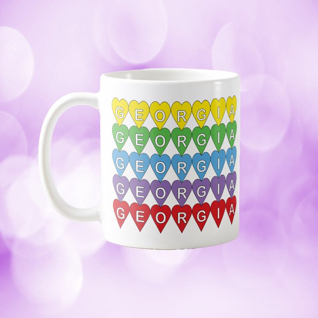Georgia Heart Pattern Rainbow Kaffeetasse (A mug that says Georgia inside colorful hearts!)