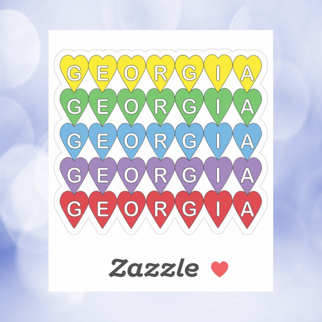 Georgia-Herzmuster-Regenbogen Aufkleber (A die cut sticker that says Georgia in yellow, green, blue, purple and red hearts.)