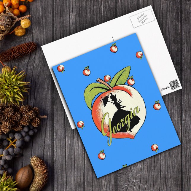 Georgia Peach Postkarte (Southern belle lady hoop skirt in black silhouette in Georgia peach on blue postcard.)
