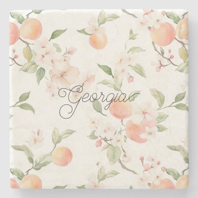 Georgia-Pfirsich-Herz-Frucht-Blüten Steinuntersetzer (Vorderseite)
