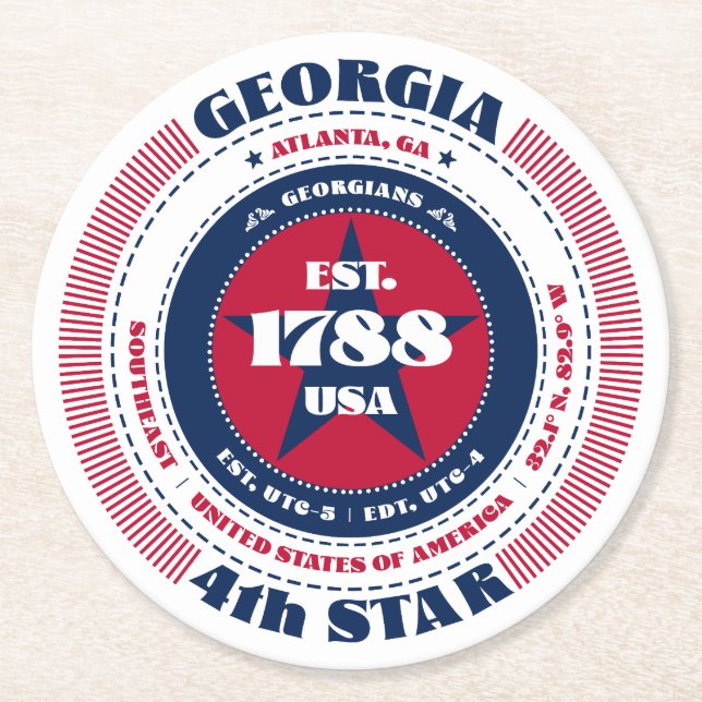 Georgia Red White Blue Typografy Runder Pappuntersetzer (Vorderseite)