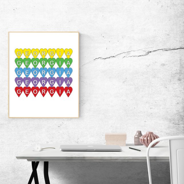 Georgia Regenbogenherzen Poster (A poster of yellow, green, blue, purple and red hearts that say Georgia inside.)