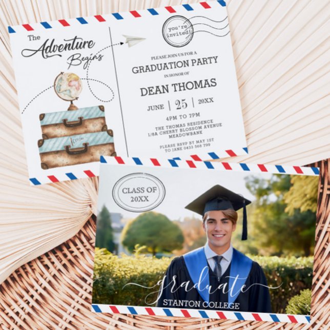 Gepäckabenteuer Postkarte Beginnt Graduierungspart (the-adventure-begins-postcard-suitcases-globe-graduation-party-photograph-invitation-card-printed)