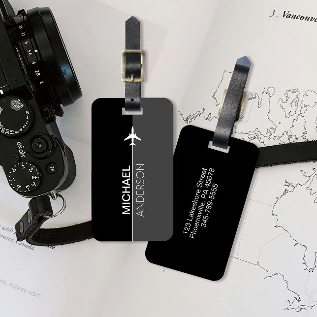Gepäckanhänger für moderne Schwarz-Grau-Pilot (Travel in style with our custom luggage tag, featuring your name and address for easy ID on trips!)
