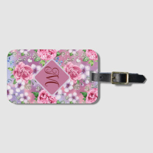 Gepäckanhänger mit monogrammierten rosa Rosen