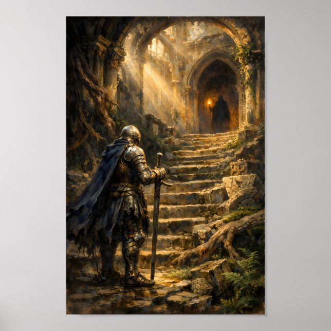 Gepanzerter Ritter, der einer verhüllten Figur im  Poster (Vorne)