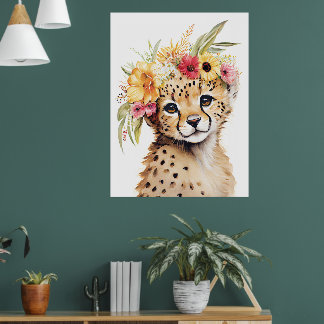 Gepard Blumenkronen Kunst Druck Aquarell Kinderzim Poster