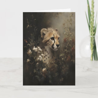 Gepard in Wildblumen Vintage-Ölgemälde, dunkel Karte
