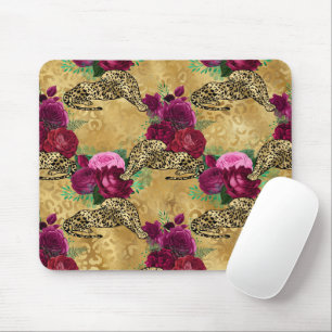 Gepard Leopard Rote Rose Florales Blumenmuster Mousepad