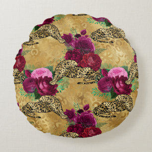 Gepard Leopard Rote Rose Florales Blumenmuster Rundes Kissen