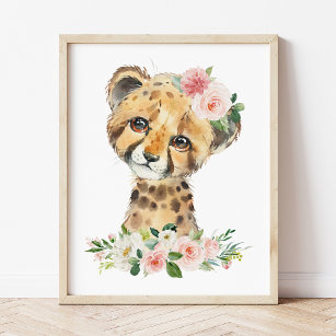 Geparden, Safari, rosa Blume, Girl-Kinderzimmer Fotodruck