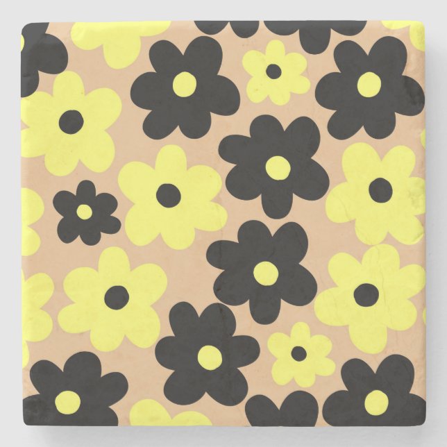 Gepflegte gelbe schwarze Hippie-Blumenmuster Steinuntersetzer (Vorderseite)