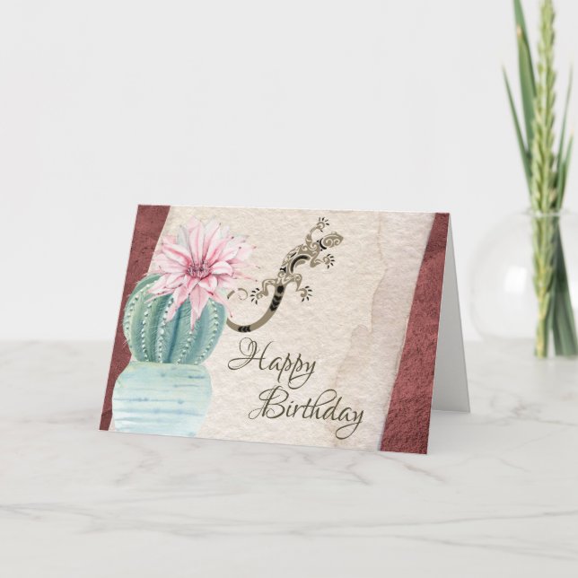 Gepotted Cactus und Lizard Southwestern Birthday Karte (Vorderseite)