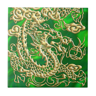 Geprägter goldener Drache auf grünem Satin Fliese